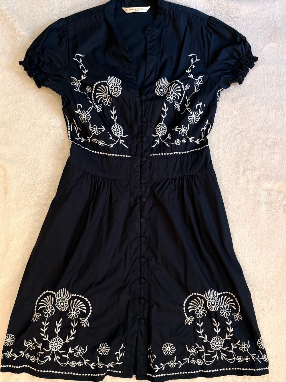 eshakti Navy Cotton Spandex Puff Sleeve Dress White Floral Embroidery Sz 6